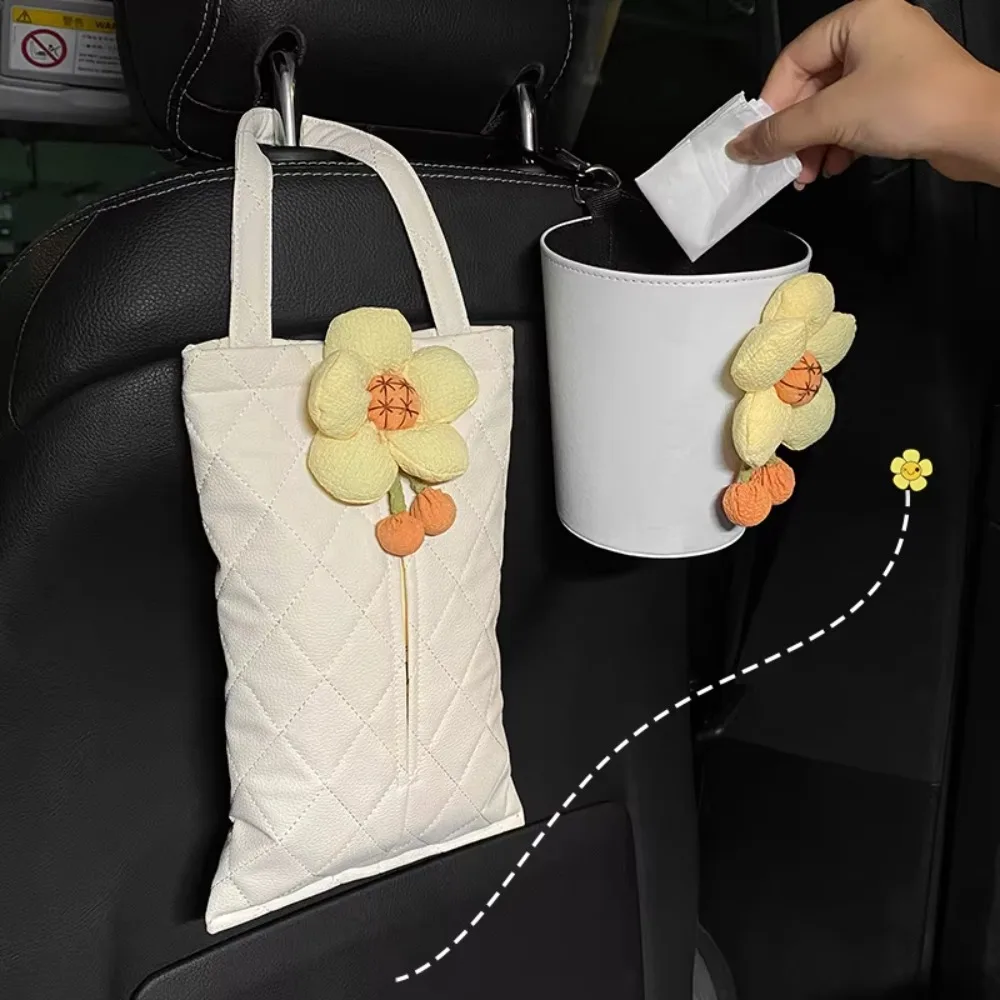 Cute Sunflower Car Seat Back Storage Bag Mini Organizer Car Garbage Bin Storage Device Hanging Car Waste Bins Car Accessories