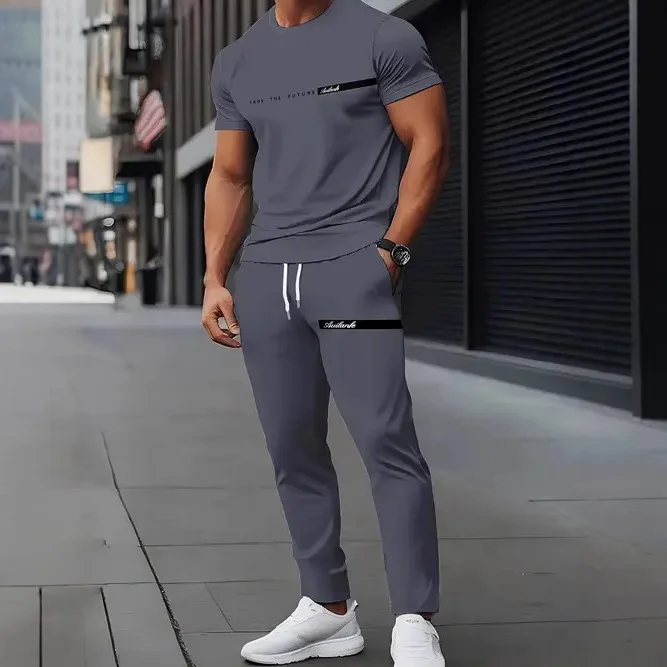 2025 Summer Mens Short Sleeve  Long Pants Set  Casual Fashion Minimalist Trendy 3D Printed T Shirt Outfit