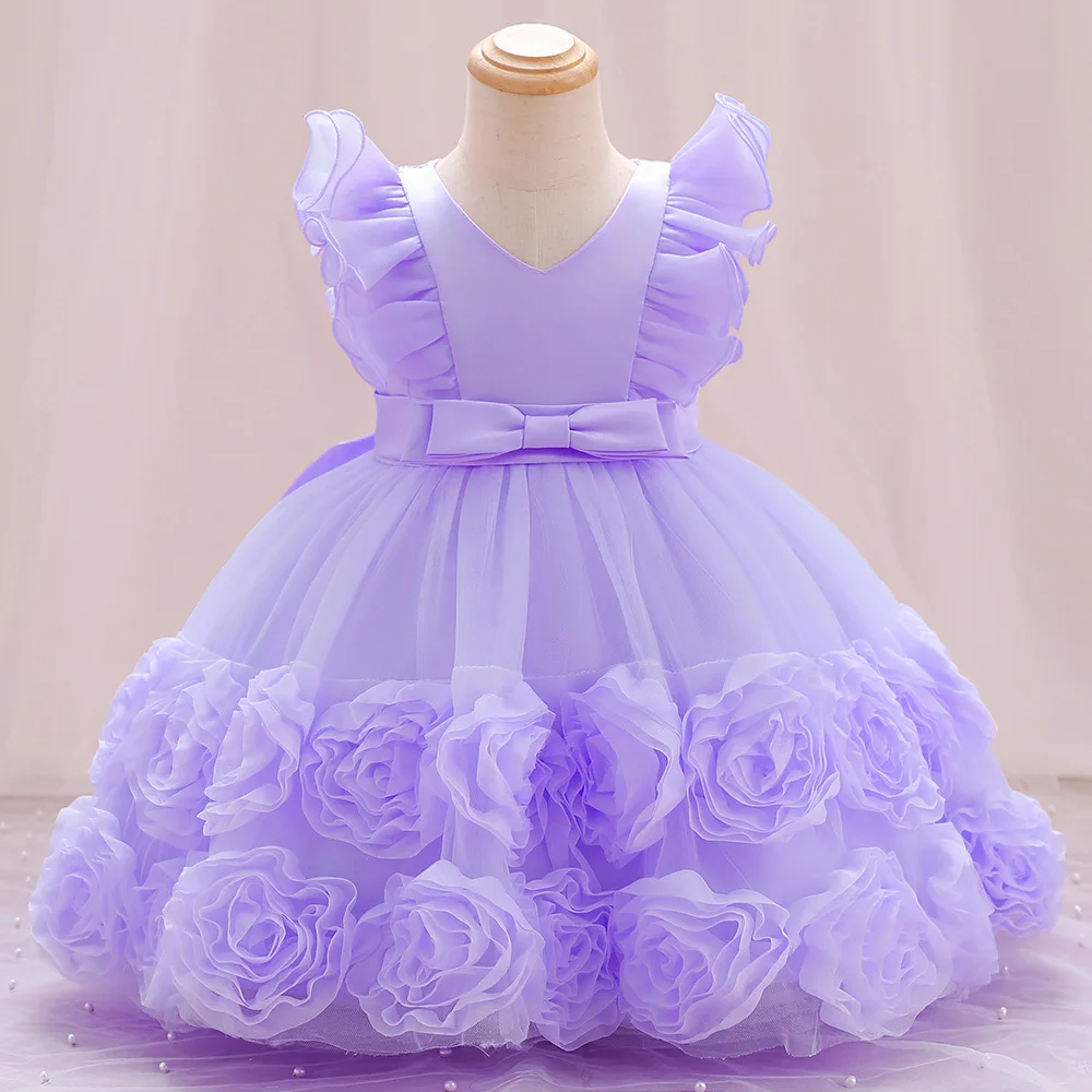 HETISO Girls Elegant Dresses Flower Kids Wedding Puffy Gown Ruffle Sleeve Birthday Party Prom 2 4 6 8 Years