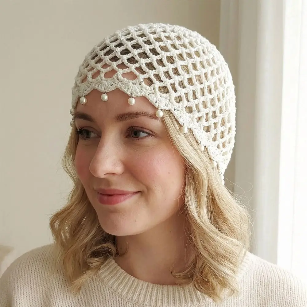 

Casual Hollowed Out Woven Pullover Hats Crochet Pearl Fringed Knitted Hat Breathable Retro Beanies Cap or Women Summer