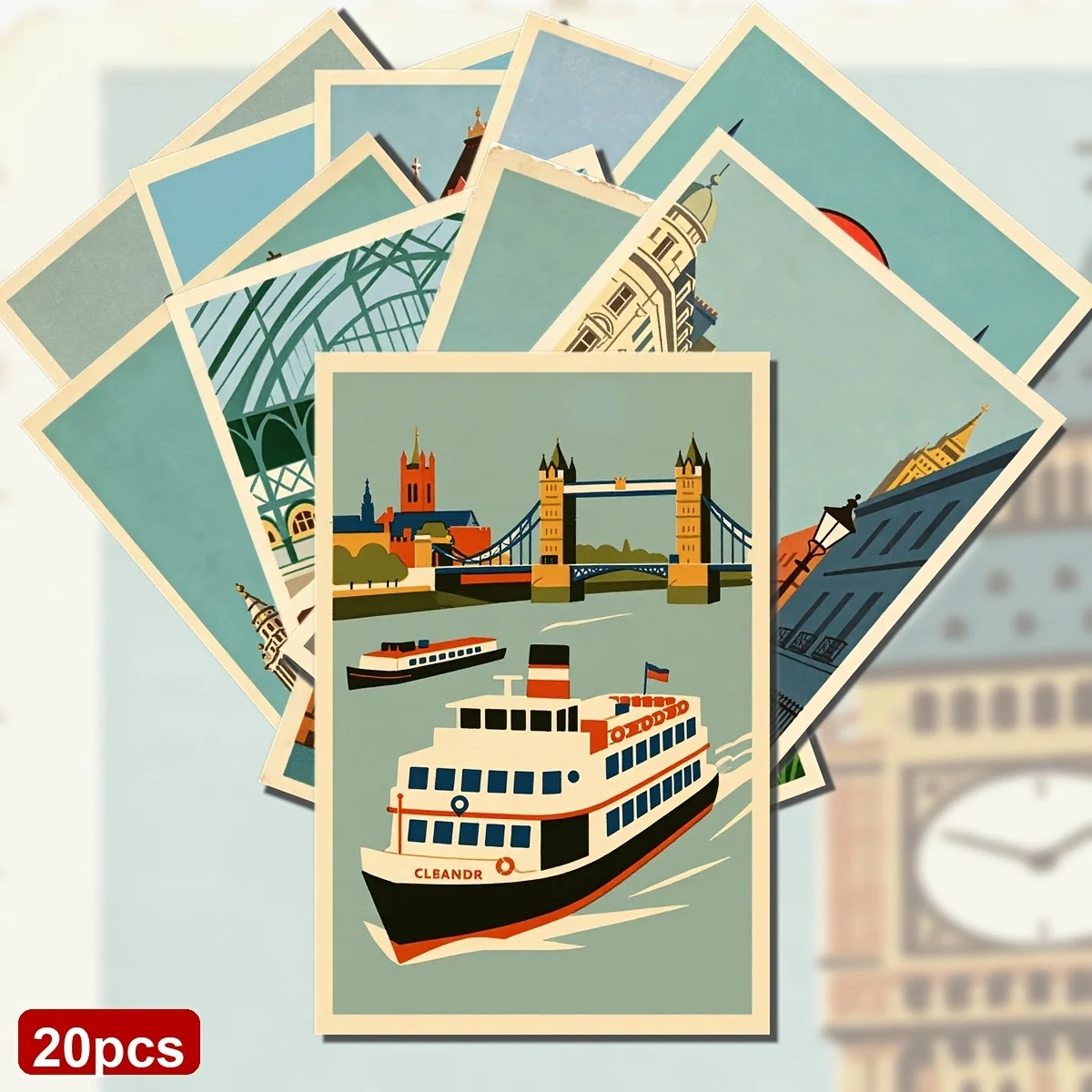 20PCS Retro London Postcard Set, UK Iconic Travel Landmark, Retro Illustration London Scene and UK City Landscape Series