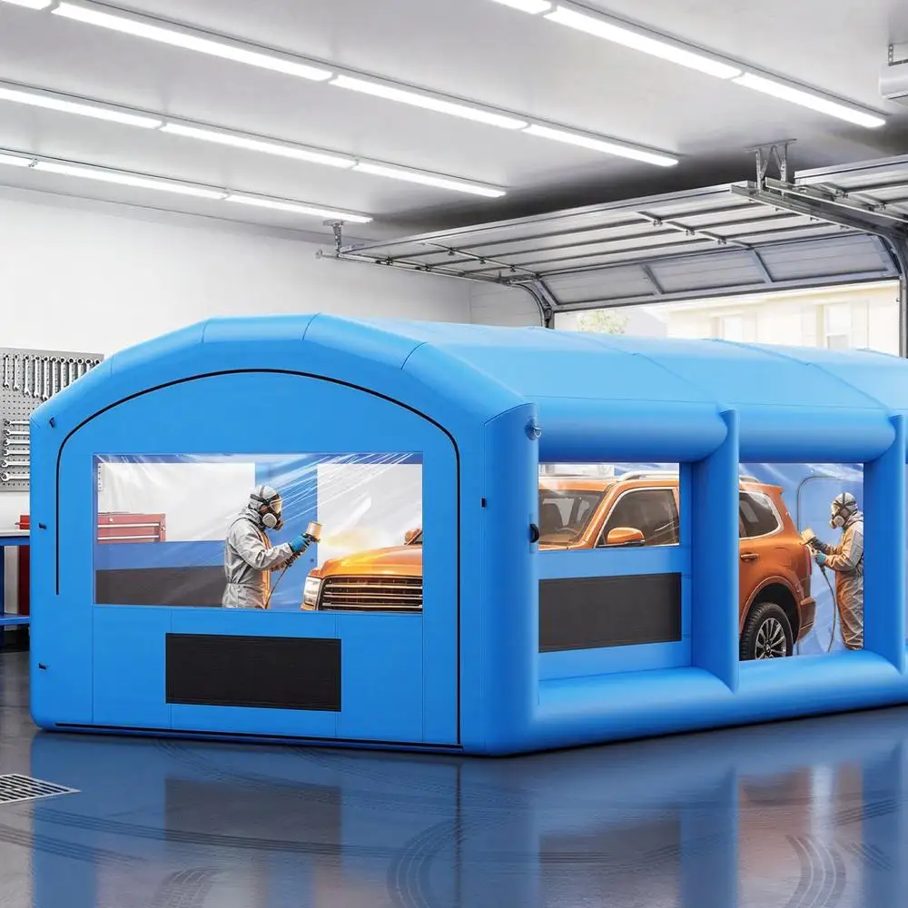 Aufblasbare Lackierkabine 8,5x4,5x3 m Blaues Oxford-Sprühzelt mit Baumwollfilter, PVC-Fenstern, für Pickup-Trucks und Boote