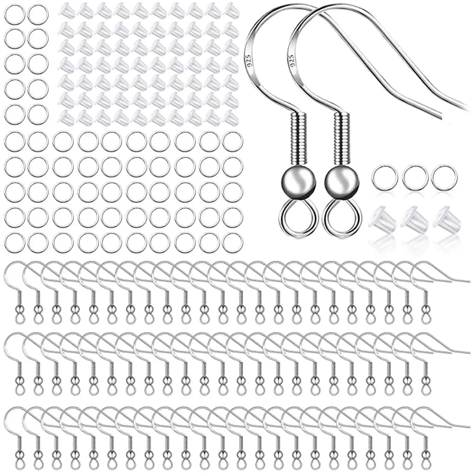 400pcs Hypoallergenic Earring Making Kit,925 Silver Ear Wires Fish Hooks,ump Rings,Clear Silicone Backs Stoppers