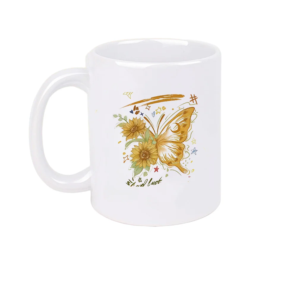 11oz Ceramic Coffee Mug with Sunflower Butterfly Star Print Tableware for Summer Birthday Party Holiday Present Home Use Outdoor