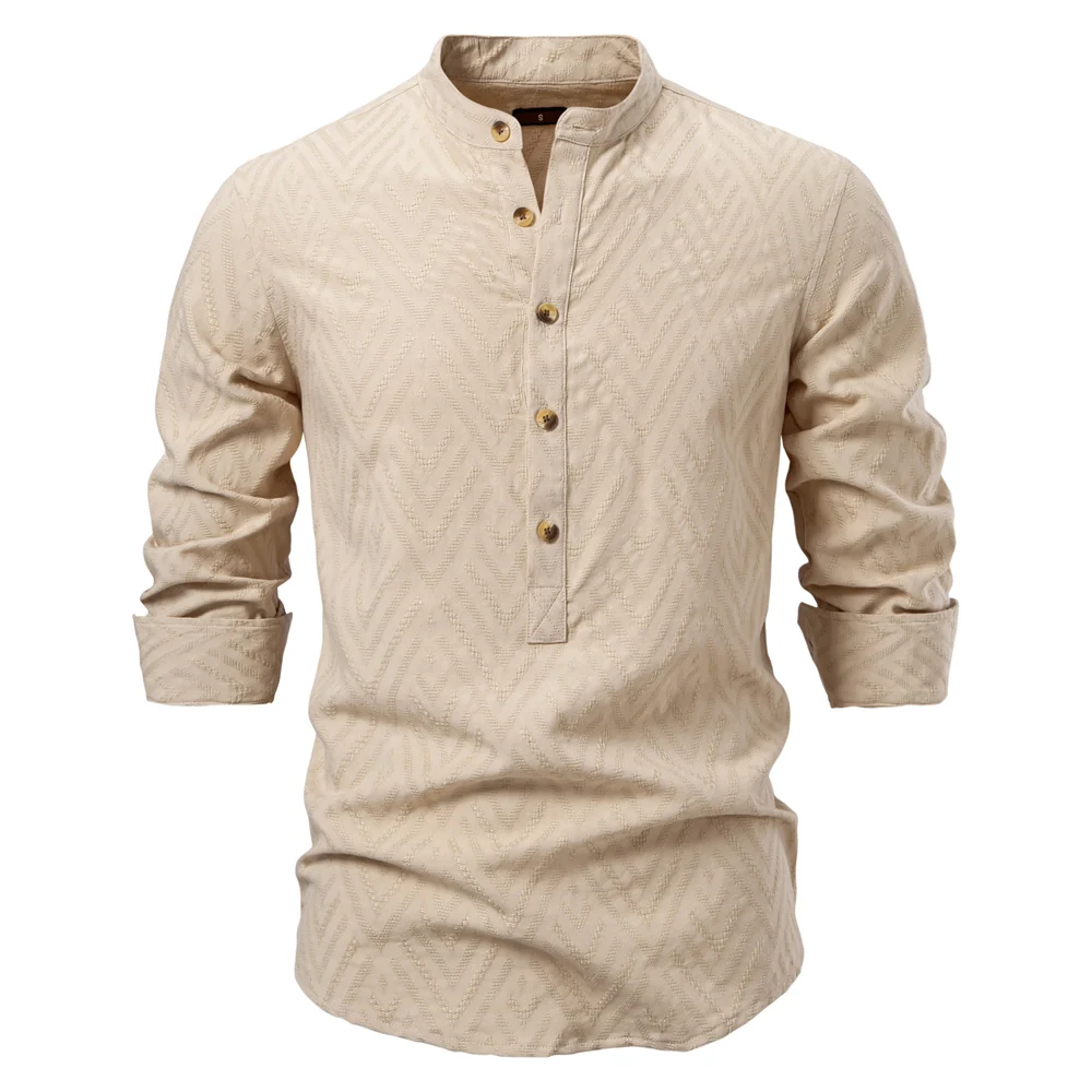 AIOPESON Men's 100% Cotton Solid Color Half-Button Casual Long Sleeve Shirt For Men Fashion Social Business Men Shirts