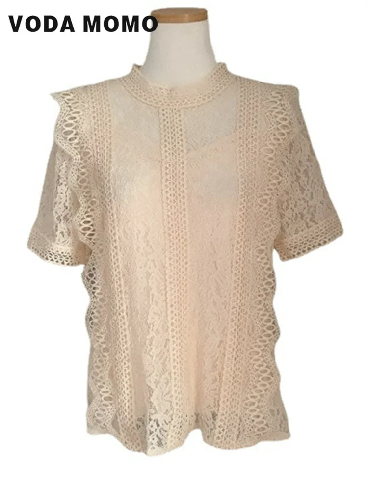 여름 한국 세련된 탑 자른 셔츠 여성 짧은 소매 오-넥 캐주얼 레이스 중공 우아한 패션 레트로 모든 경기 슬림