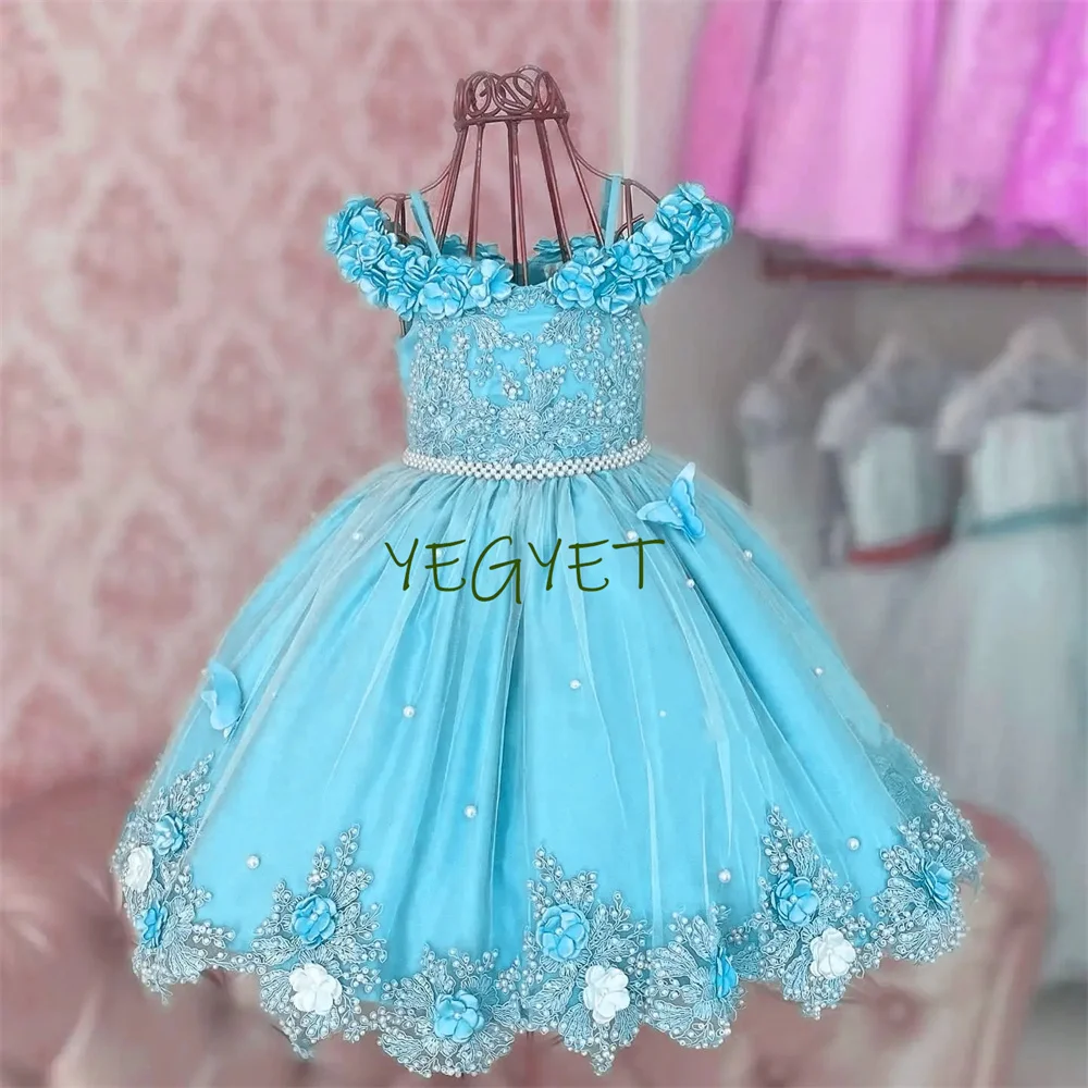 

Satin Luxury Flower Girl Dress For Wedding Sleeveless Applique With Pearls Bow Kids Birthday Party Tulle Pageant Ball Gown New