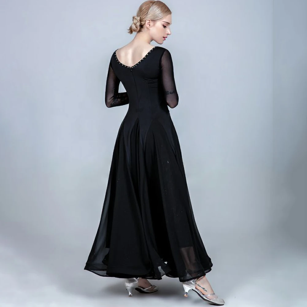 Standard Dance Competition Costume Rhinestone Custom Women's Banquet Dress V-Neck Performance Costume Long Sleeve