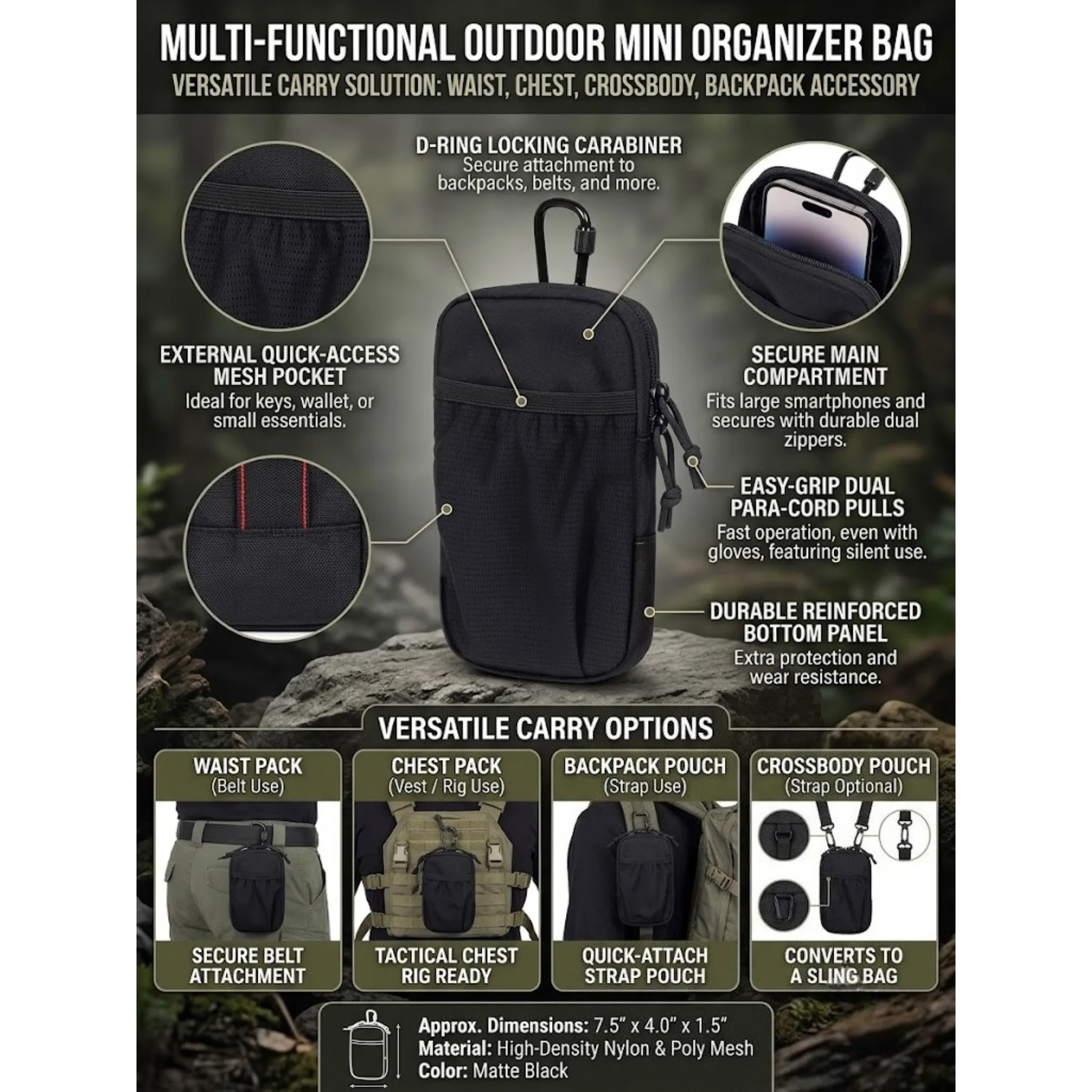Tactical Phone Bag with Carabiner, Waterproof Backpack Strap Pocket for Outdoor Hiking & Climbing Use