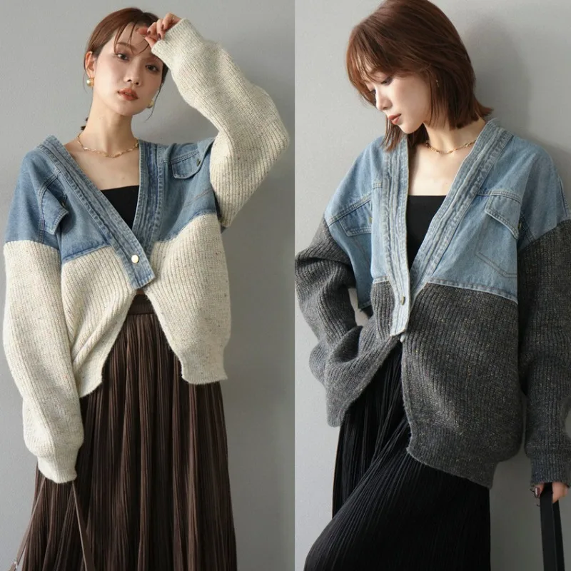

Korean Denim Patchwork Sweater Coat Woman Autumn Winter Fashion V-Neck Thick Casual Loose Lazy Style Knitted Cardigan Outerwear