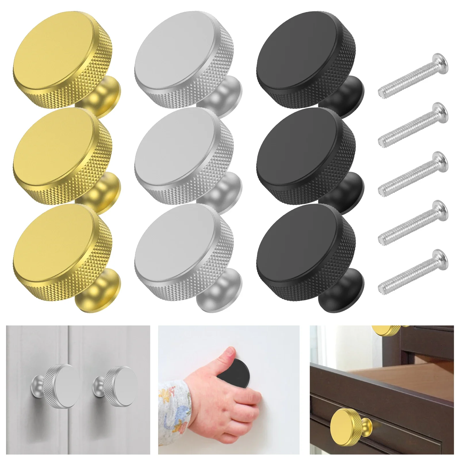 10Pcs Drawer Knob Set Round Knurled Dresser Knob 1.2inch Aluminum Alloy Nickel Kitchen Knob Pull Fashion Single Hole Furniture