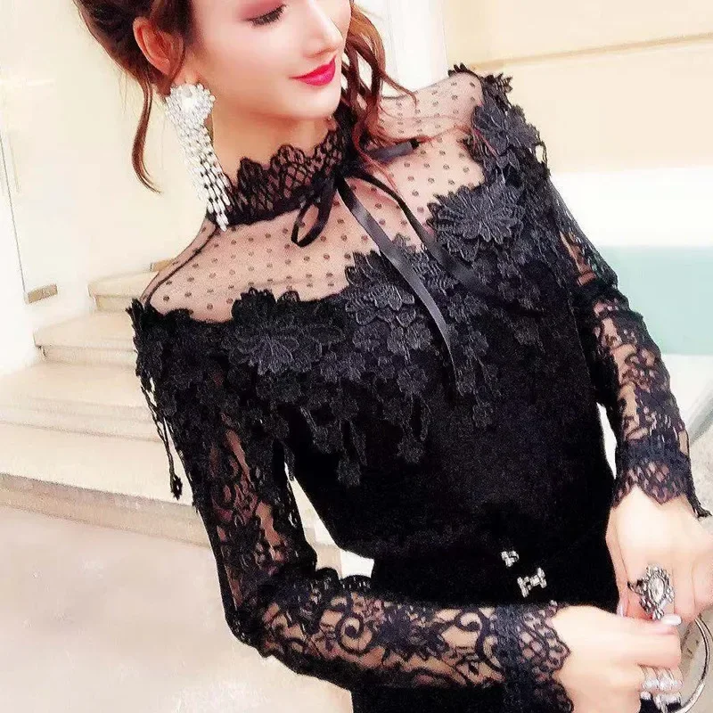 

Spring Women Long Sleeve Shirt Sweet Tie Bow Floral Lace Blouse Female Hollow Out Tassel Mesh Blouses Short Tops LU230