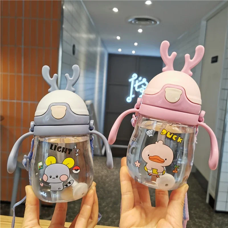 370ml New Creative Cartoon Animal Deer Children's Straw Feeding Baby Learn To Drink Cup Leakproof Outdoor Portable Water Bottle