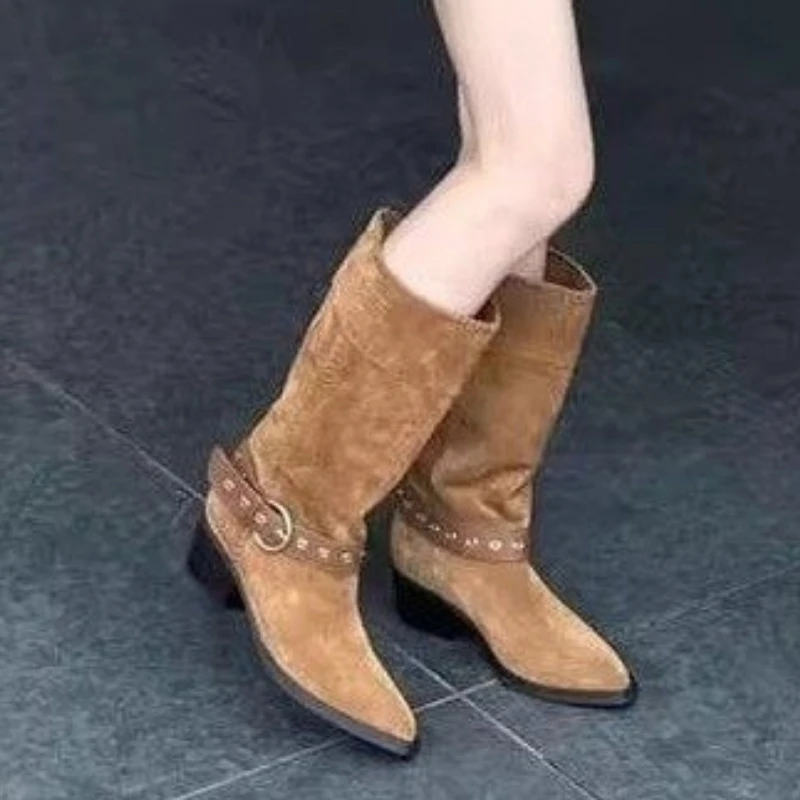 

Retro Western Double Wear Thi Heel Knight Boots Women's Pointed Toe Foldable short Calfskin Leather Boot Autumn Season