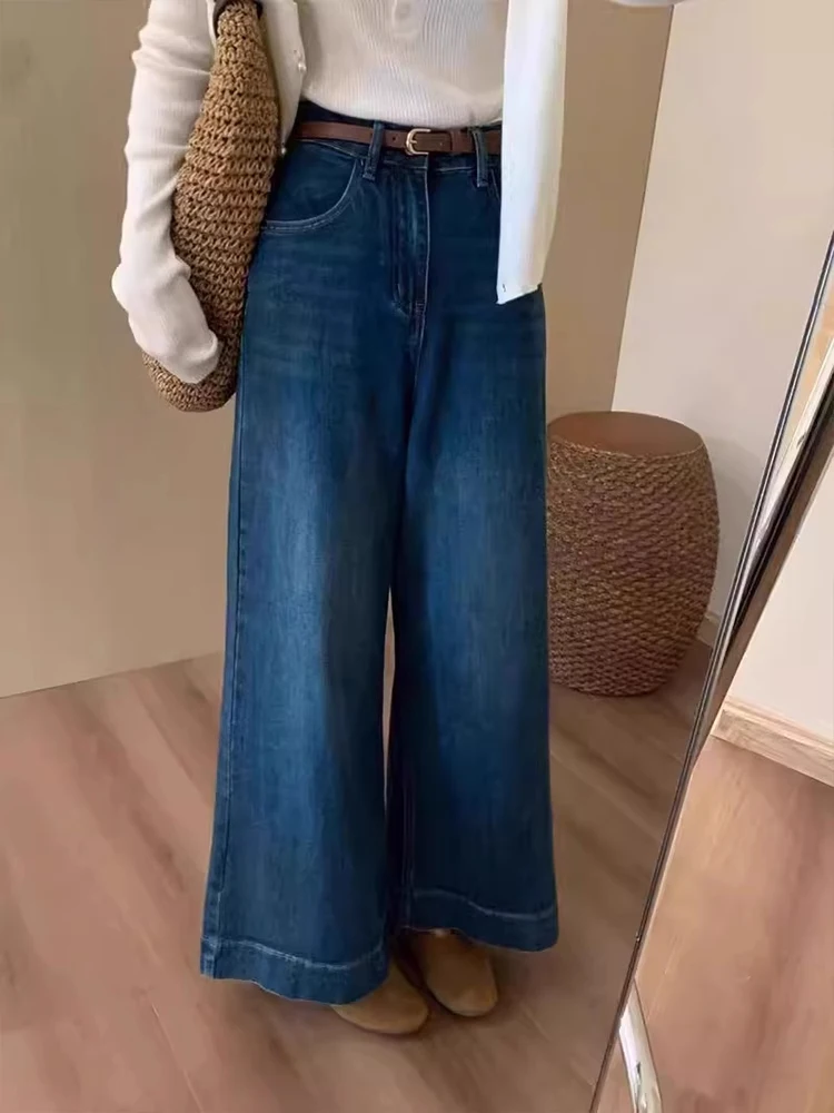 Deep Blue Slim Wide Leg Jeans Women's High Waist Straight Cut Denim Pants Tummy Control Flattering for Pear aped plus Size