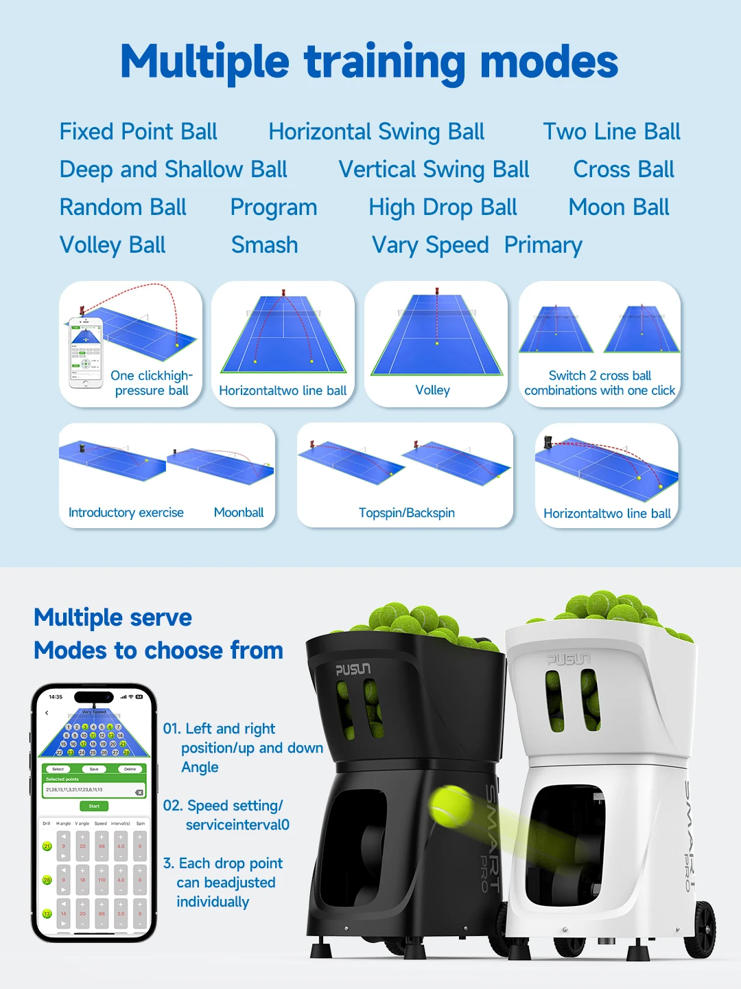 Portable Tennis Padel Ball Machine PT-SMART PRO With Collecting Net APP Control Multi Drill Modes 100 Balls For Home Training