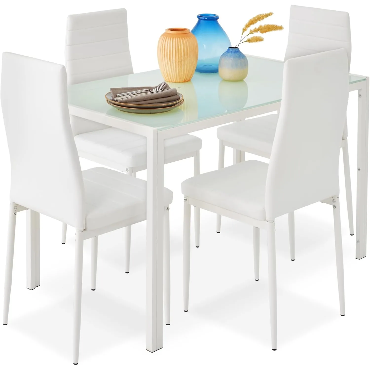 5-Piece Glass Dining Set, Dinette, Compact Space-Saving w/Glass Tabletop, 4 Upholstered PU Chairs, Metal Steel Frame - White