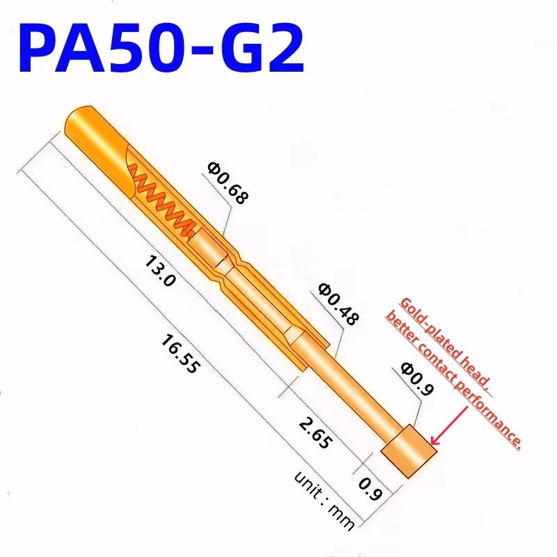 

100PCS PA50-G2 Spring Test Probe PA50-G Test Pin Test Tool 16.55mm Dia0.68mm Gold Needle Tip Dia 0.9mm Pogo Pin P50-G P50-G2