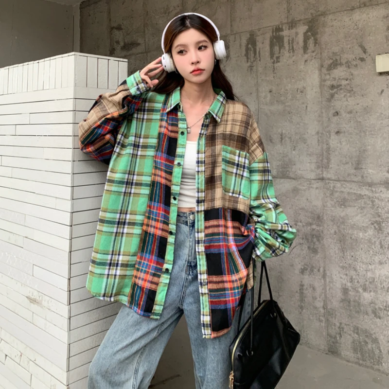 Shirts Women Patchwork Contrast Color All-match High Street Harajuku Casual Long Sleeve Aesthetic Popular Clothing Summer Daily