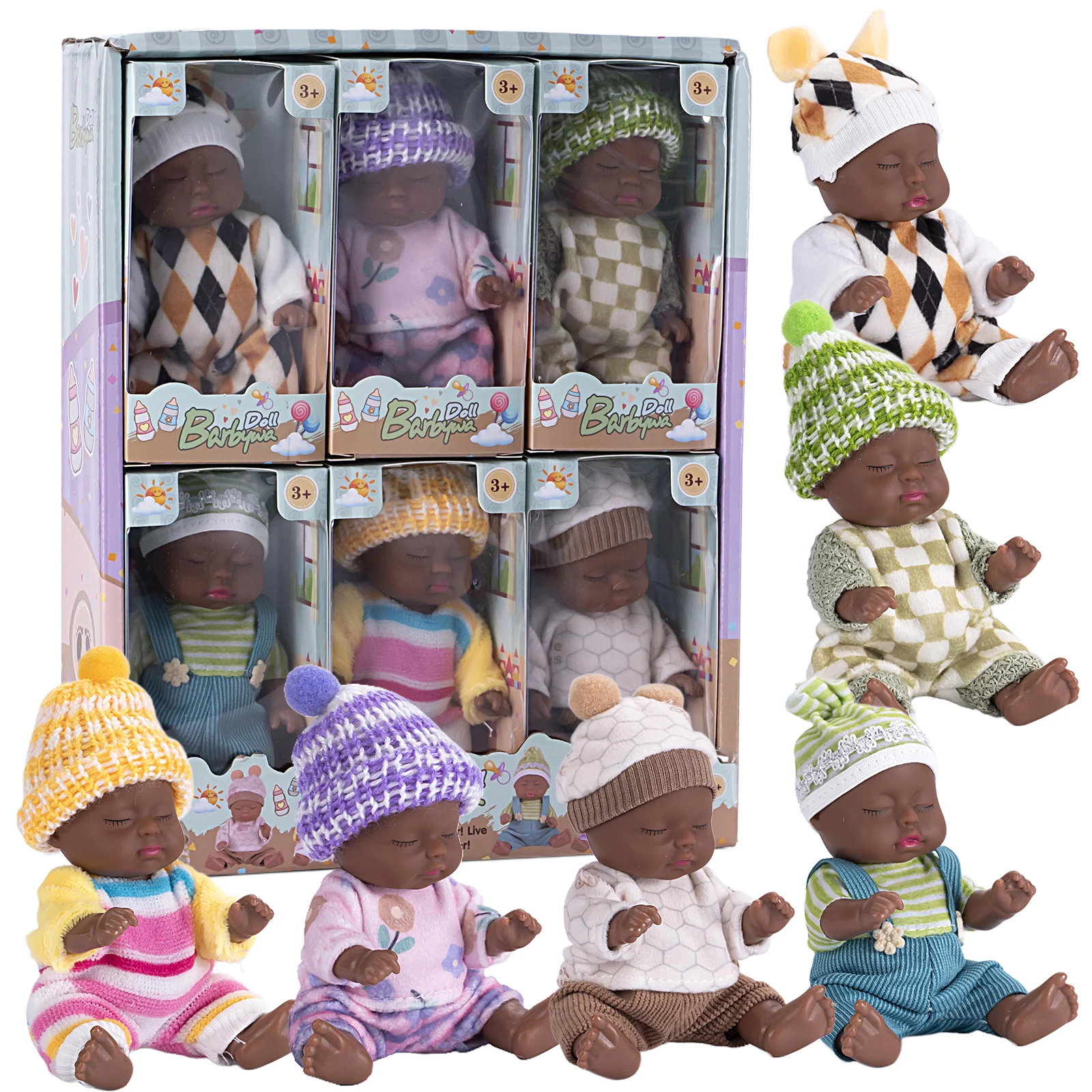 

Набор из 6 миниатюрных черных кукол-младенцев (4 дюйма) с вязаными шапочками и милыми нарядами, реалистичные маленькие спящие куклы для детей, идеально подходят для Пасхи