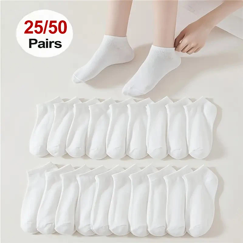 

25/50 пар женских белых вязаных носков, дышащие, удобные, устойчивые к запаху, впитывающие пот, эластичные, в рубчик, всесезонные носки