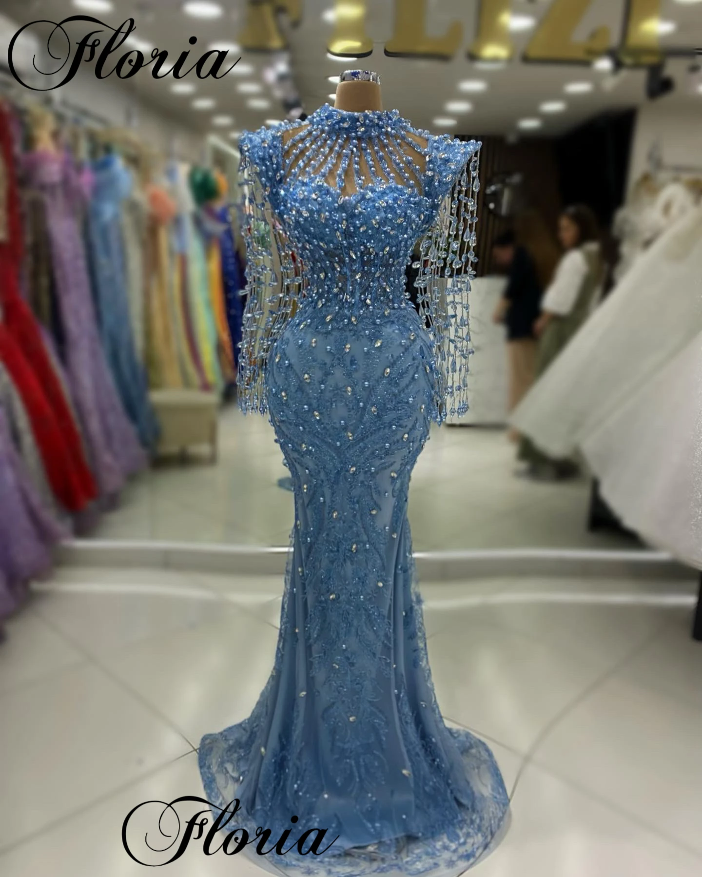 High Fashion Blue Evening Dresses Luxury Women Crystals Celebrity Dresses Mermaid Vestidos Para Mujer Red Carpet Runway Dresses