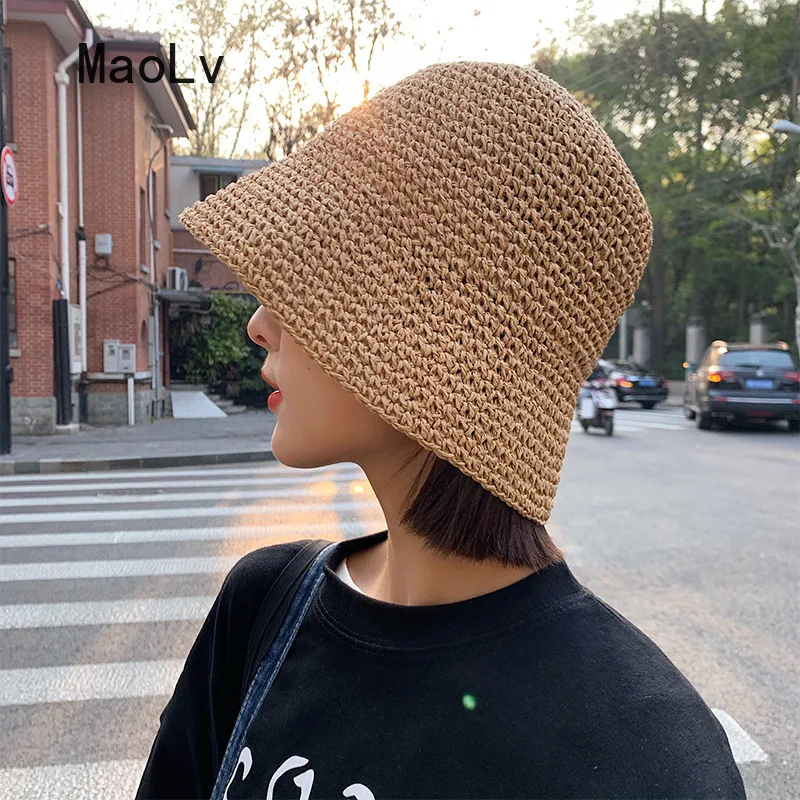 Chapeau de paille coréen pour femmes, visière d\'été, seau, pêcheur, tissage à la main, Panama, fille, pêche, chapeaux de soleil pour femmes