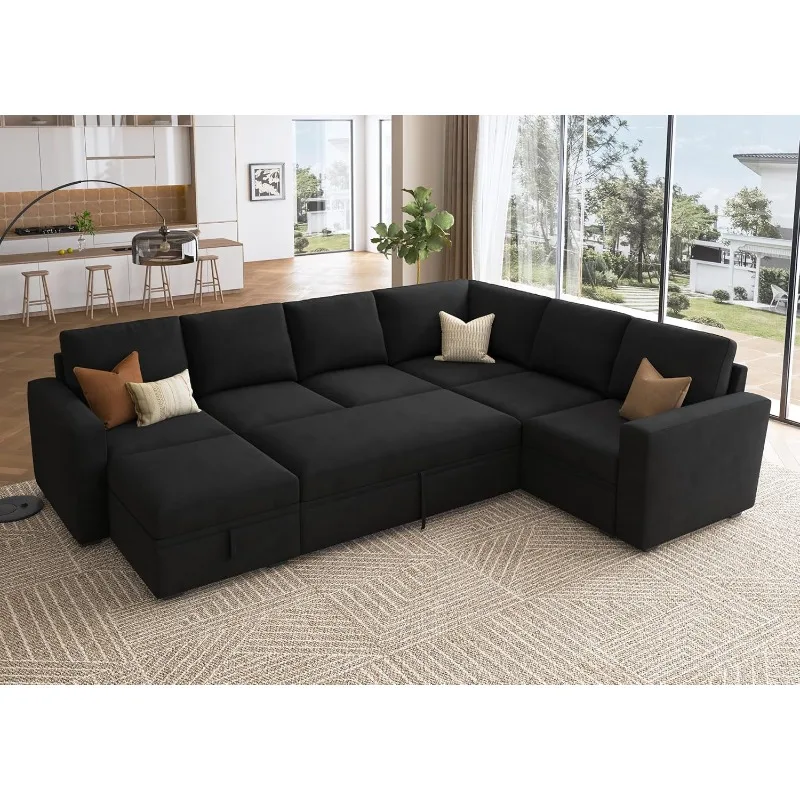 

Sectional Sleeper Couch with Pull Out Bed, U Shaped Sectional Sofa with Storage, Modular Velvet Sectional Couches for Liv