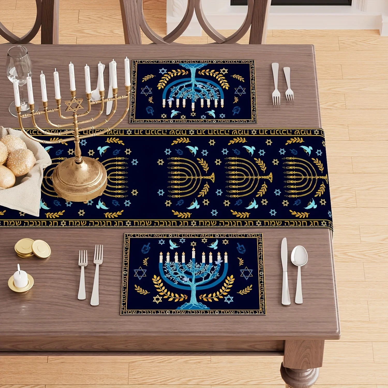 1pcs【Festival Theme】Blue & Gold Print Placemat, Menorah Olive Branch Dove Pattern, Home Dining Table Decor