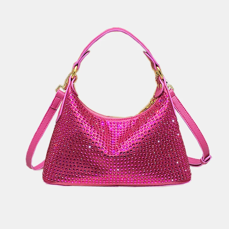 Shiny Rhinestone Hobos Evening Bags For Women Luxury Designer Handbags Purses 2023 New In Fashion Rose Red Shoulder Crossbody