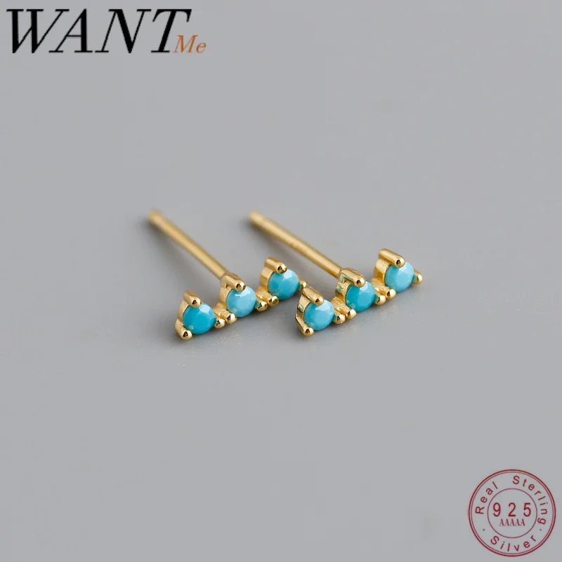 WANTME Real 925 Sterling Silver Blue Turquoise Zircon Strip Geometric Bar Stud Earrings for Women Bohemian Teen Office Jewelry