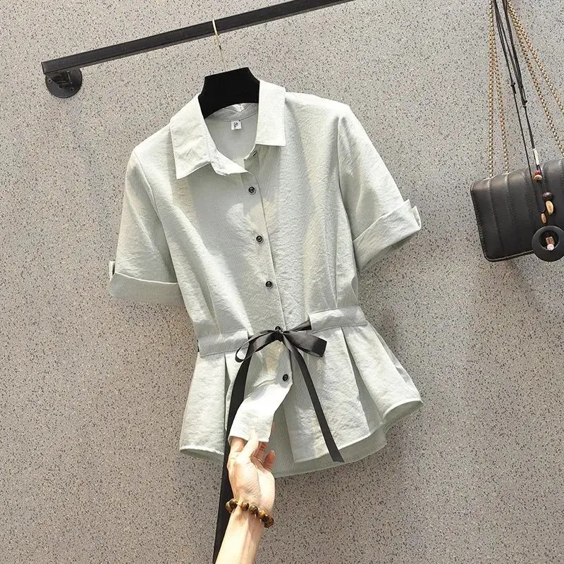 Button Decorative Bow Tie Up Short Sleeve Chiffon Shirt Casual Wide Leg Pants Two Piece Elegant Women\'s Pants Set Office Outfits