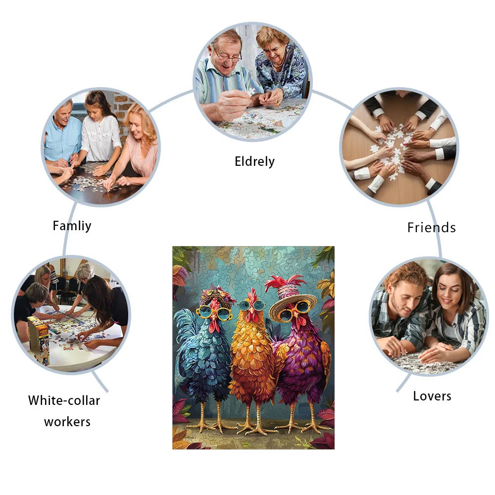 Puzzle in legno colorato con grandi rooster, pezzi irregolari a forma di animale, regalo squisito di Natale per le vacanze, decorazioni per la casa di giochi per famiglie