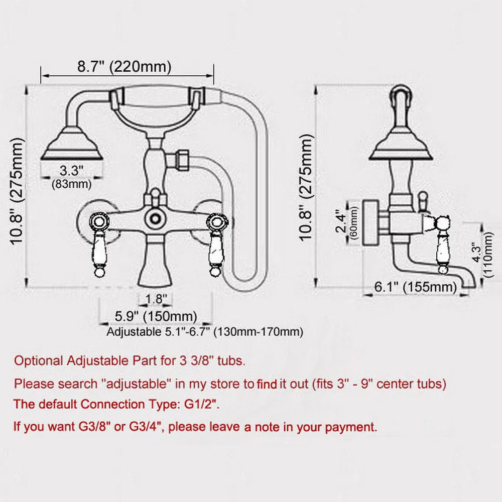 Retro Antique Brass Double Handle Wall Mounted Bathroom Bath Tub Faucet Set with 150CM Hand Held Shower Spray Mixer Tap 2na222