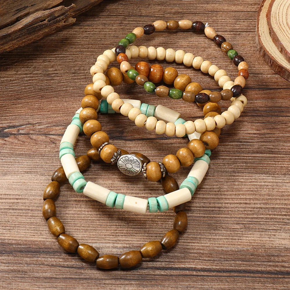 Retro-Farbige Holzperlen-Mehrschicht-Armband-Set, Böhmische Blumen-Stretch-Armbänder für Männer, Hip-Hop-Schmuck, Mode-Accessoires – Detail 2