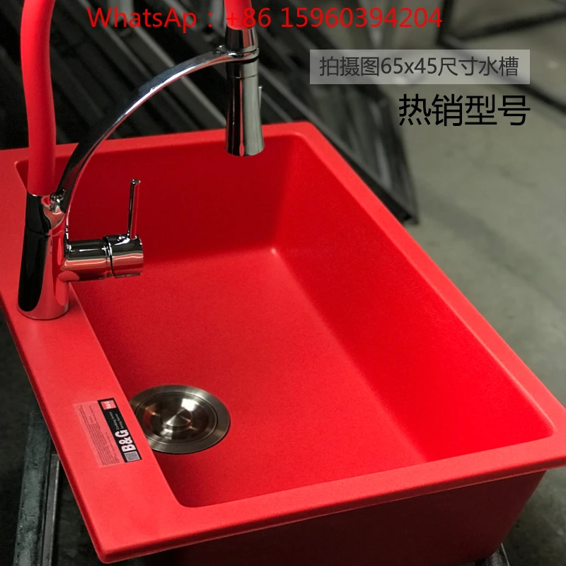 

Customized positive red quartz stone sink colored pool kitchen set with refined copper pulling faucet under the counter