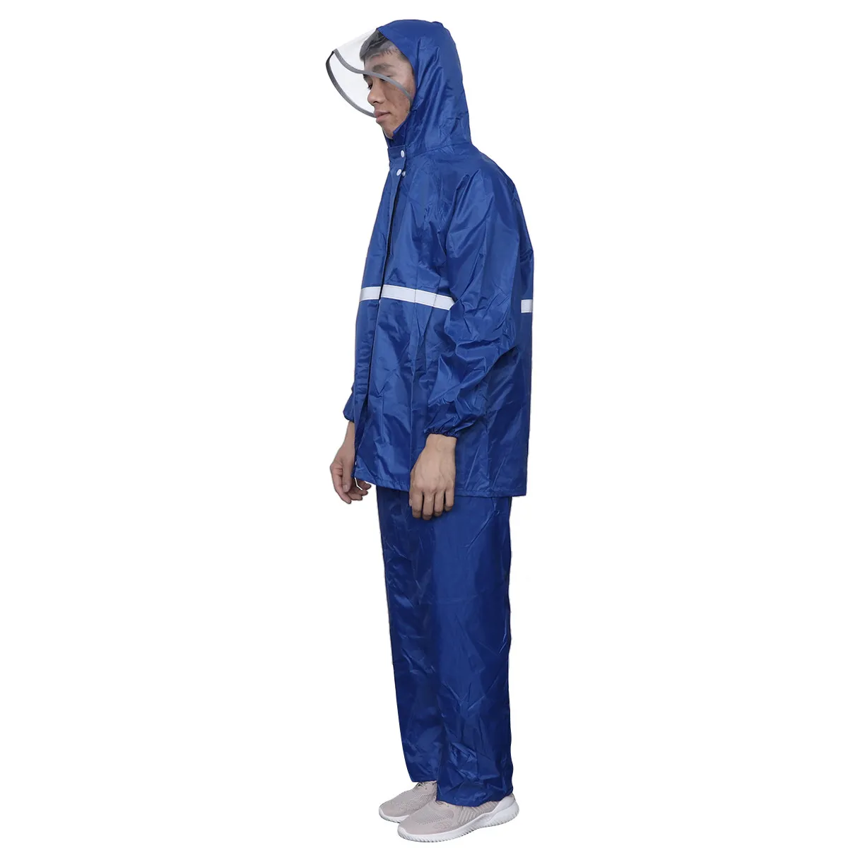 

Adult Two-Piece Raincoat Rain Pants Set Sapphire Blue Size L Polyester Taffeta Thicken Lightweight Reflective Stripe Cycling