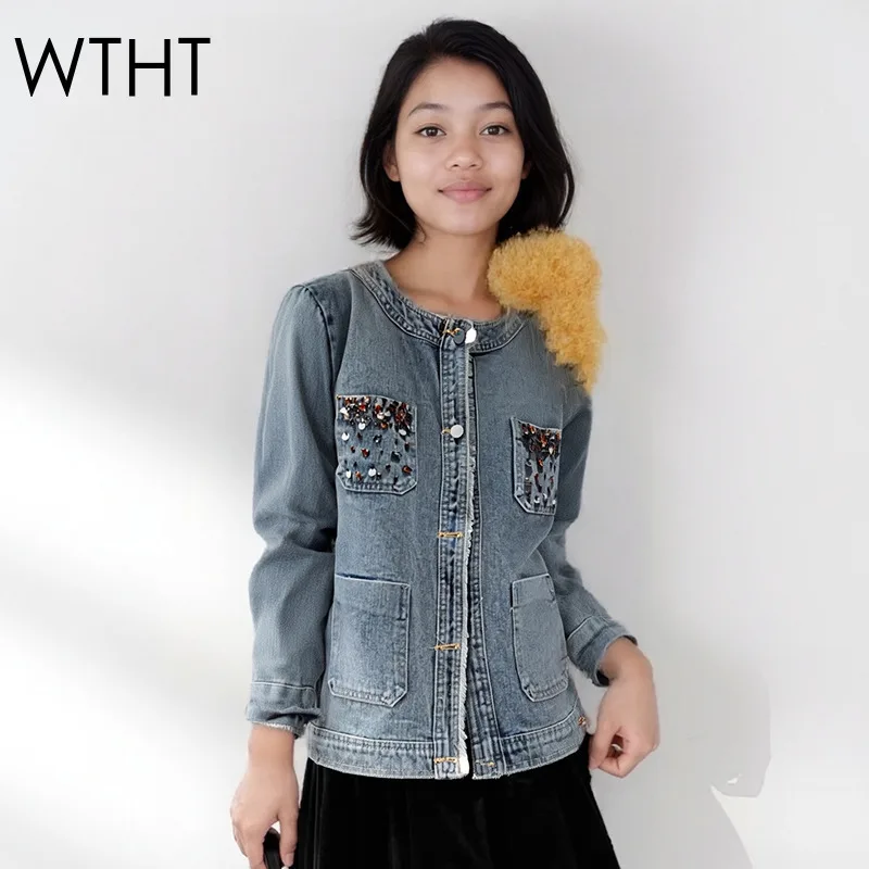 

WTHT Fashion New Women's Spliced Colorful Diamonds Loose Denim Jacket 2025 Summer Trendy O-neck Long Sleeves Coat Female 1LS2227