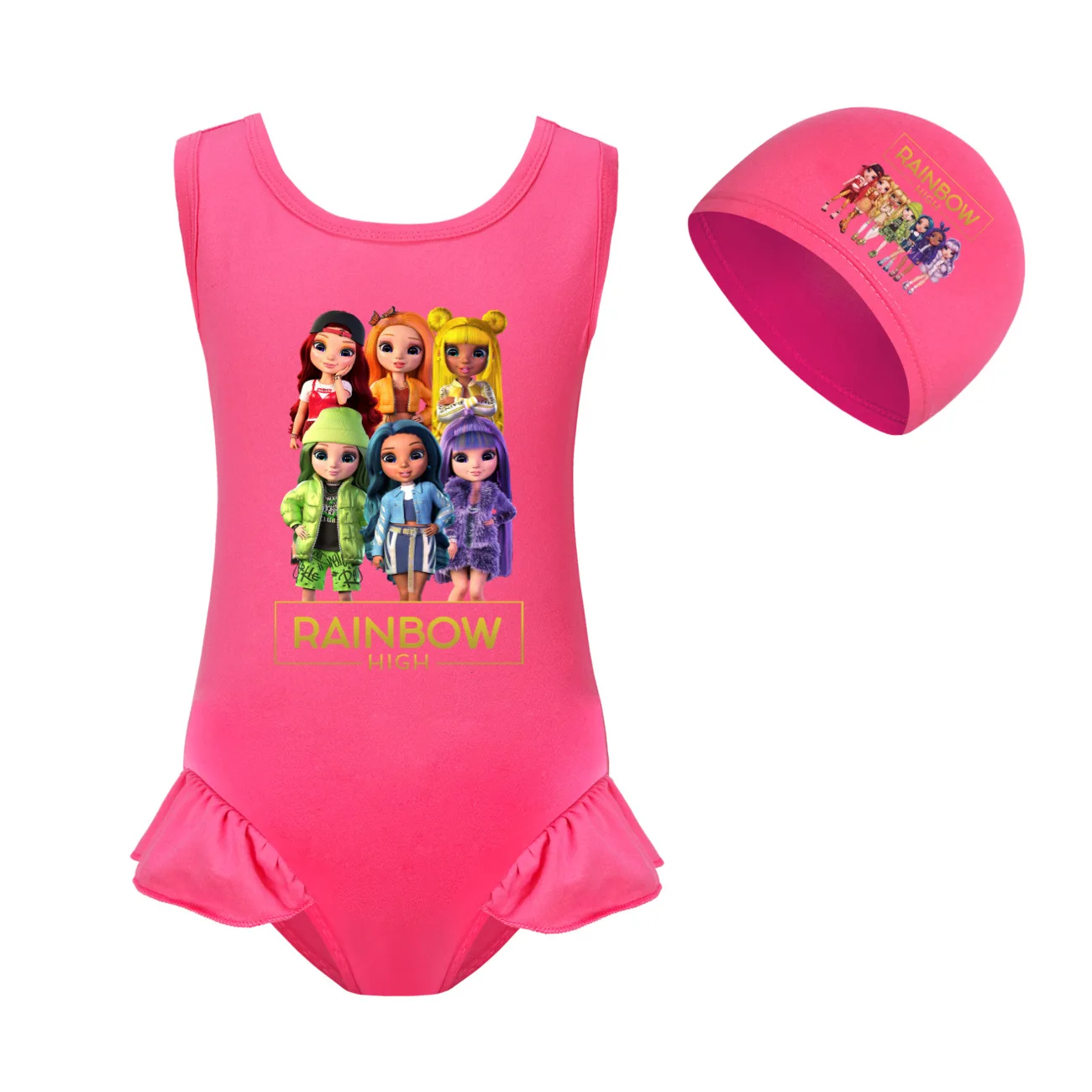 Rainbow High Swimwear Kids One Piece Beach Wear Children Baby Cute Backless Swimming Toddler Girls Cartoon Swimsuit+cap 2pcs Set