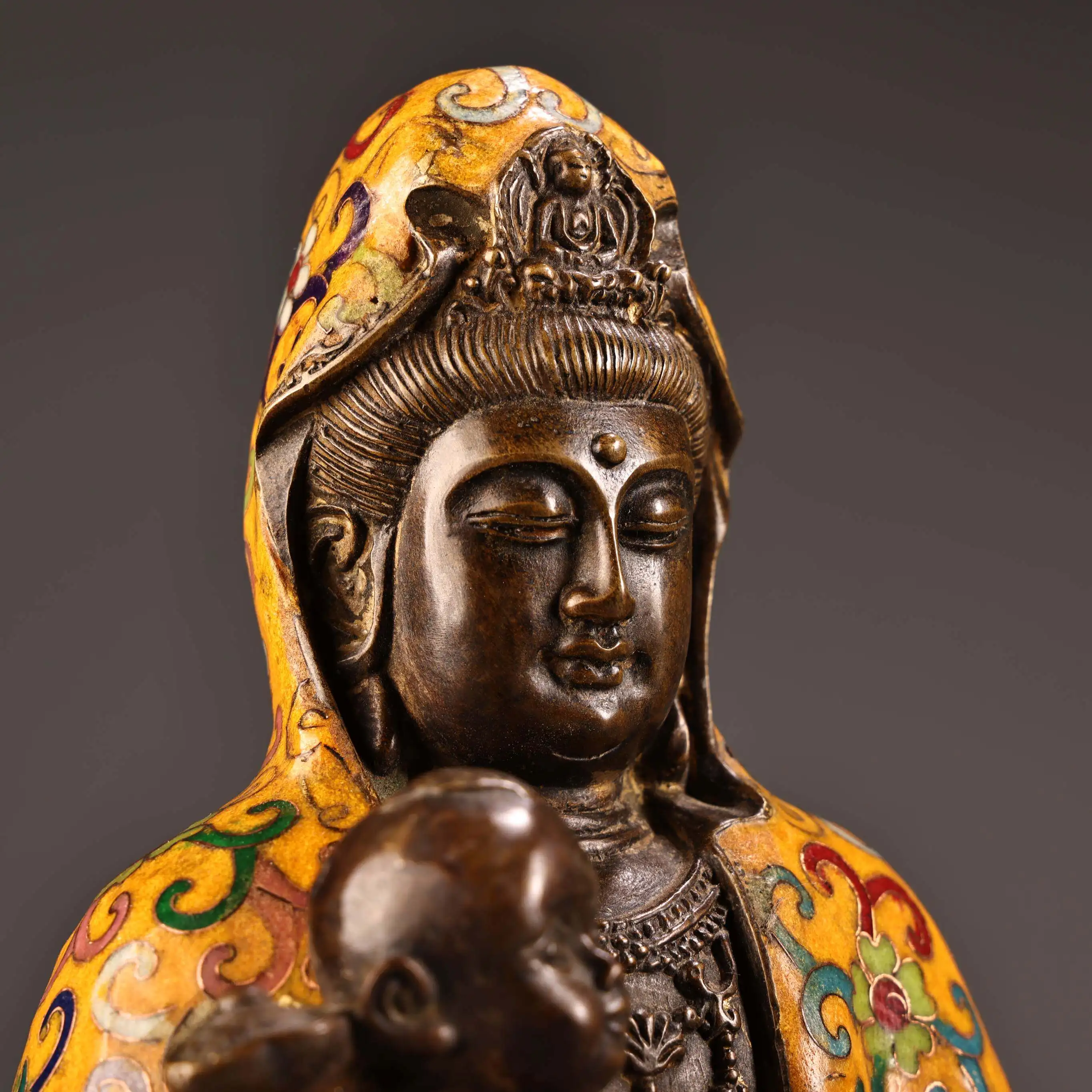 Bronze Cloisonne Enamel Child Giving Guanyin Bodhisattva Statue Serene Face Fine Craft