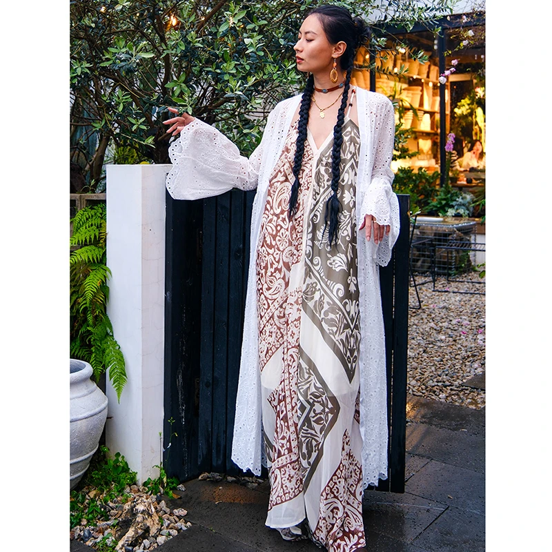 2025 New Arrival Summer Women Outerwear & Coats Casual Loose V-neck Flared Sleeves Flower Hollow Out Long Open Stitch Coat T250