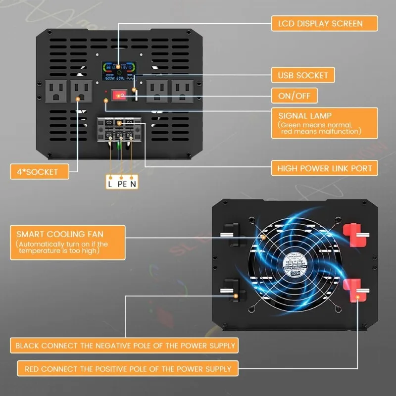 순수 사인파 자동차 전력 인버터, 5000W/10000W (피크), 12V DC-120V AC 60HZ, LCD 디스플레이, USB 포트 포함