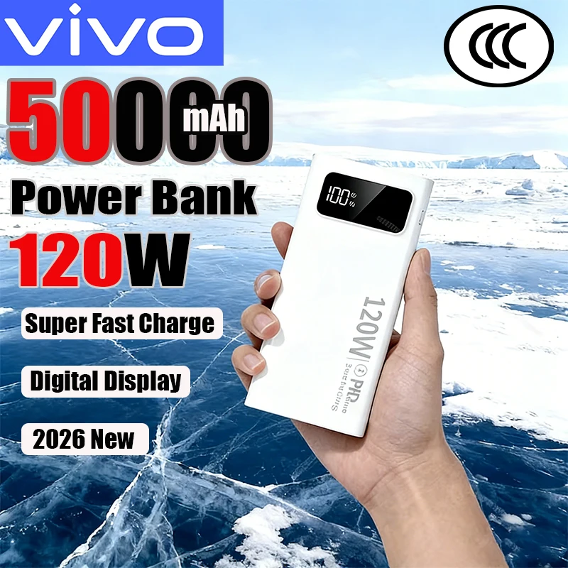 

Портативный внешний аккумулятор VIVO 50000 мАч, 120 Вт, супербыстрая зарядка, большой емкости, с цифровым дисплеем, для Huawei Samsung, новинка 2026 года