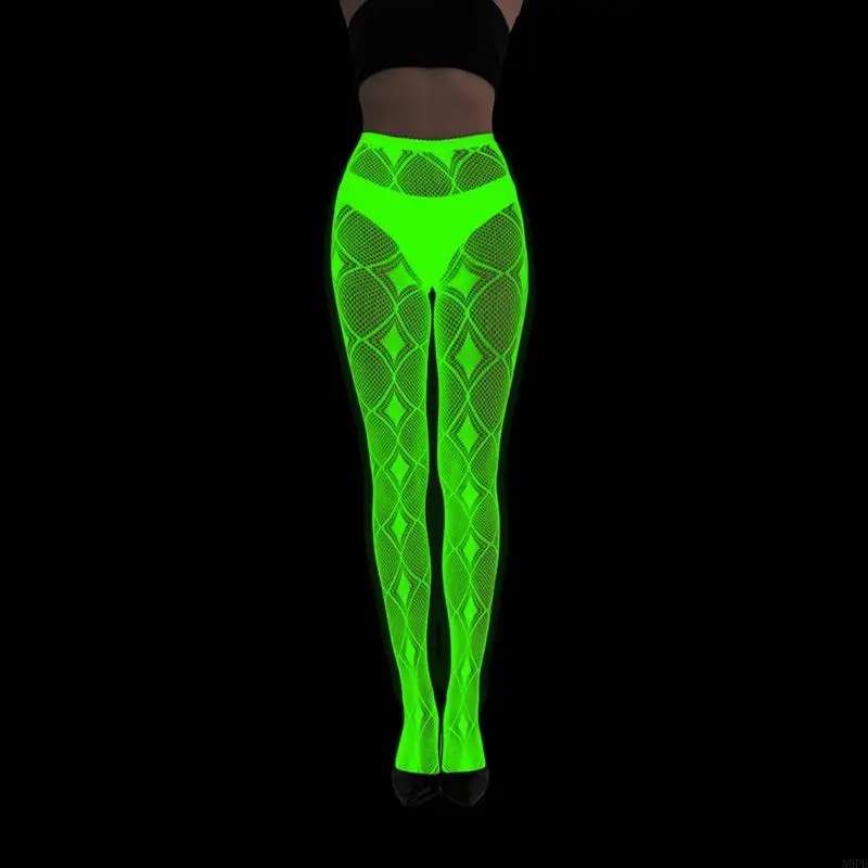 N0PE Mulheres Glow in Dark Fishnet Meia-calça Spiderweb Padrão Meias malha para o Halloween