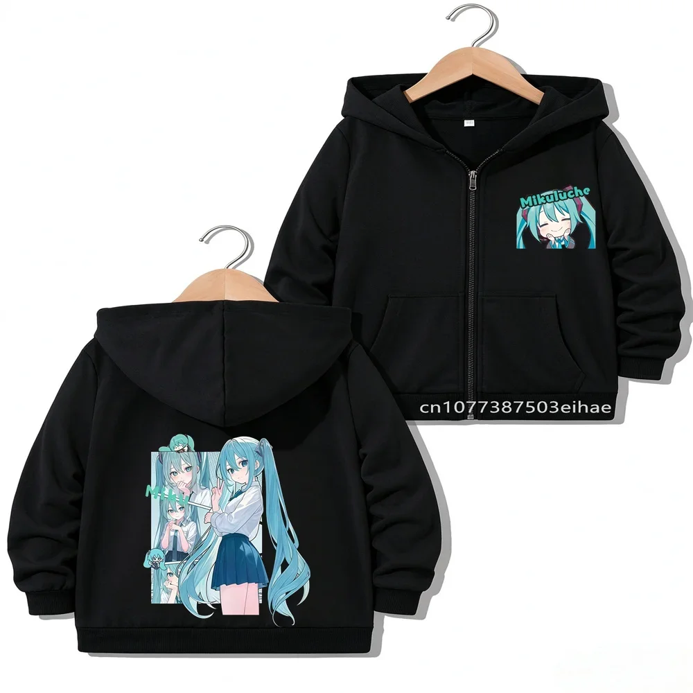 Hatsune Miku Cartoon Figure Printed Overcoat Kids Spring Autumn Outerwear Zipper Style Children Casual Daily Wear Jacket Tops