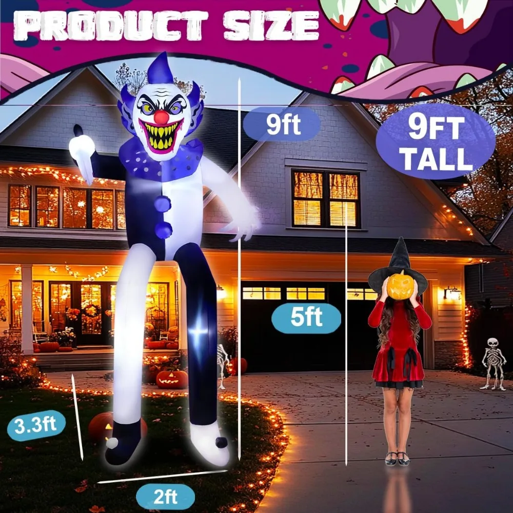 مهرج مخيف عملاق قابل للنفخ للهالوين بطول 9 أقدام مع أضواء LED للديكور الخارجي والداخلي #2