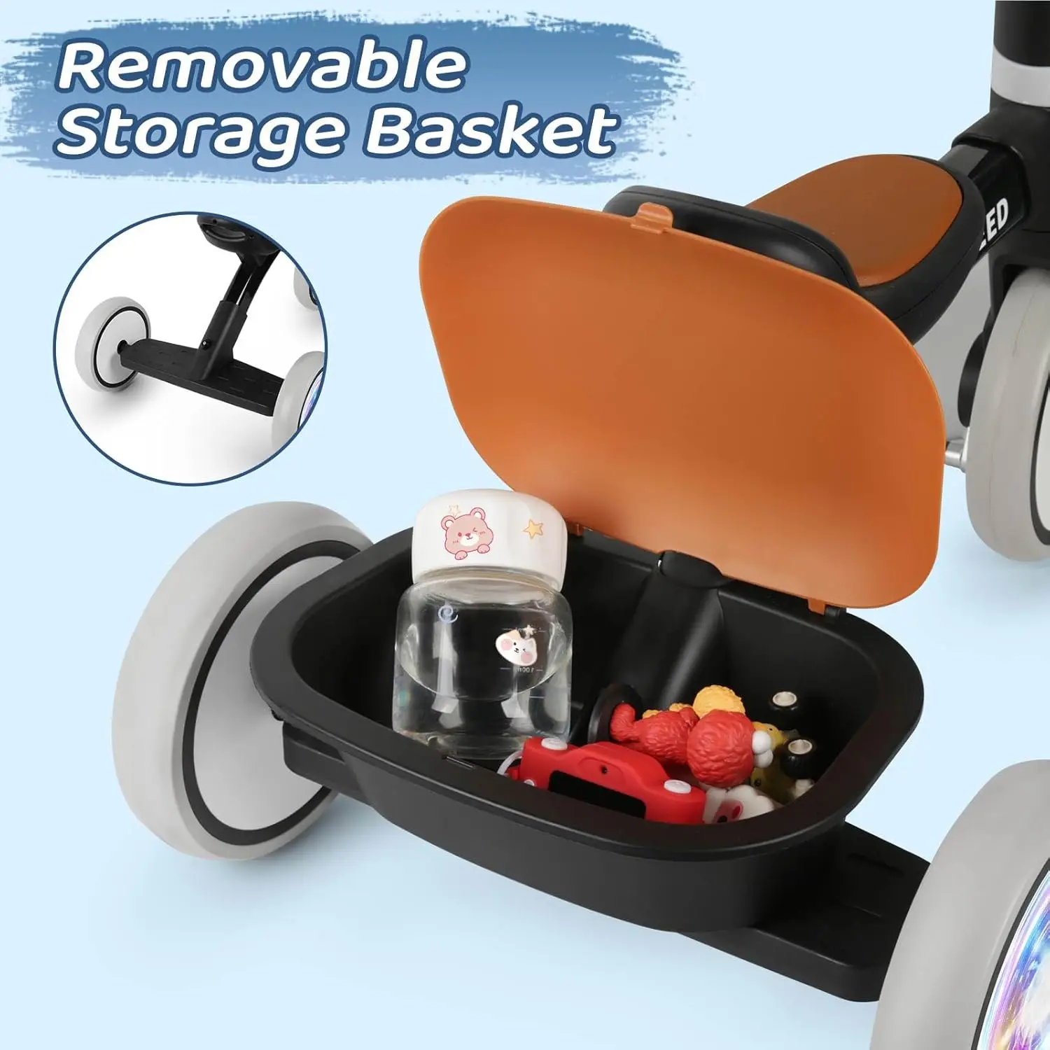 Kolorowe oświetlenie trójkołowy dla małych dzieci dla chłopców w wieku 2-5 lat, regulowany fotel i kierownica Trike, wyjmowany kosz, pomysł na prezent urodzinowy