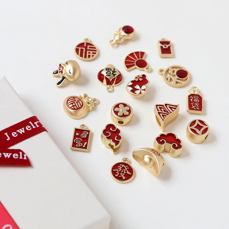1pcs Gold Color Transfer Fortune Yun Red Lantern Chinese Style Pendant Beaded Diy Handmade Jewelry Bracelets Material Charms