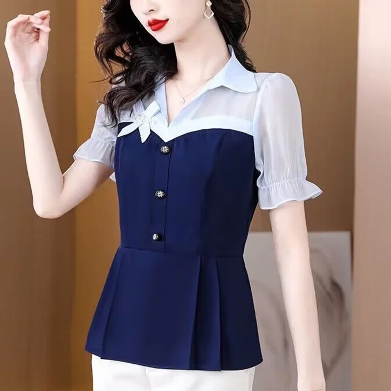 Elegant Lapel Spliced Loose Folds Bow Blouse Women\'s Clothing 2023 Summer New Casual Pullovers Office Lady Fake Two Pieces Shirt