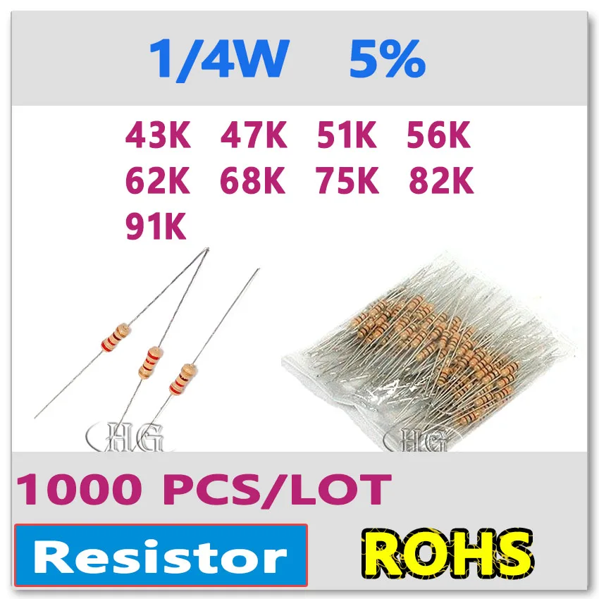 JASNPROSMA 1000 PÇS/LOTE 5% 1/4W 43K 47K 51K 56K 62K 68K 75K 82K 91K filme de carbono DIP OHM resistor de filme de carbono de alta qualidade